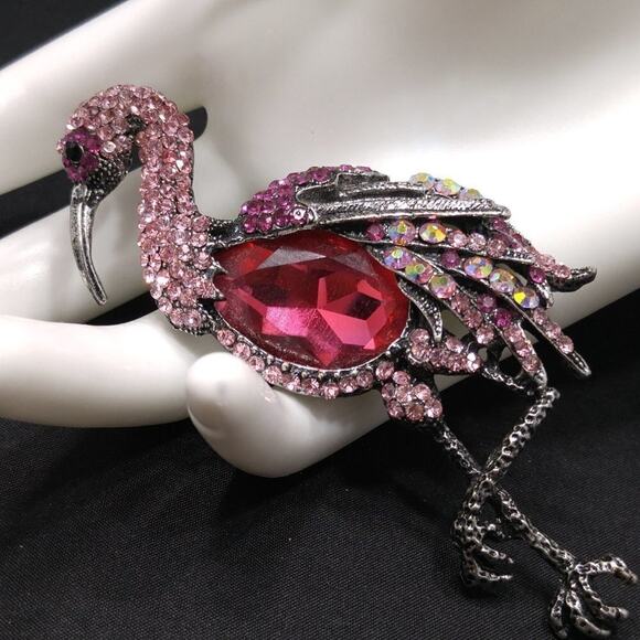 Large Rhinestone Pink & Red Heron Bird Brooch & Pendant, 3 3/4 Inches - Picture 2 of 5
